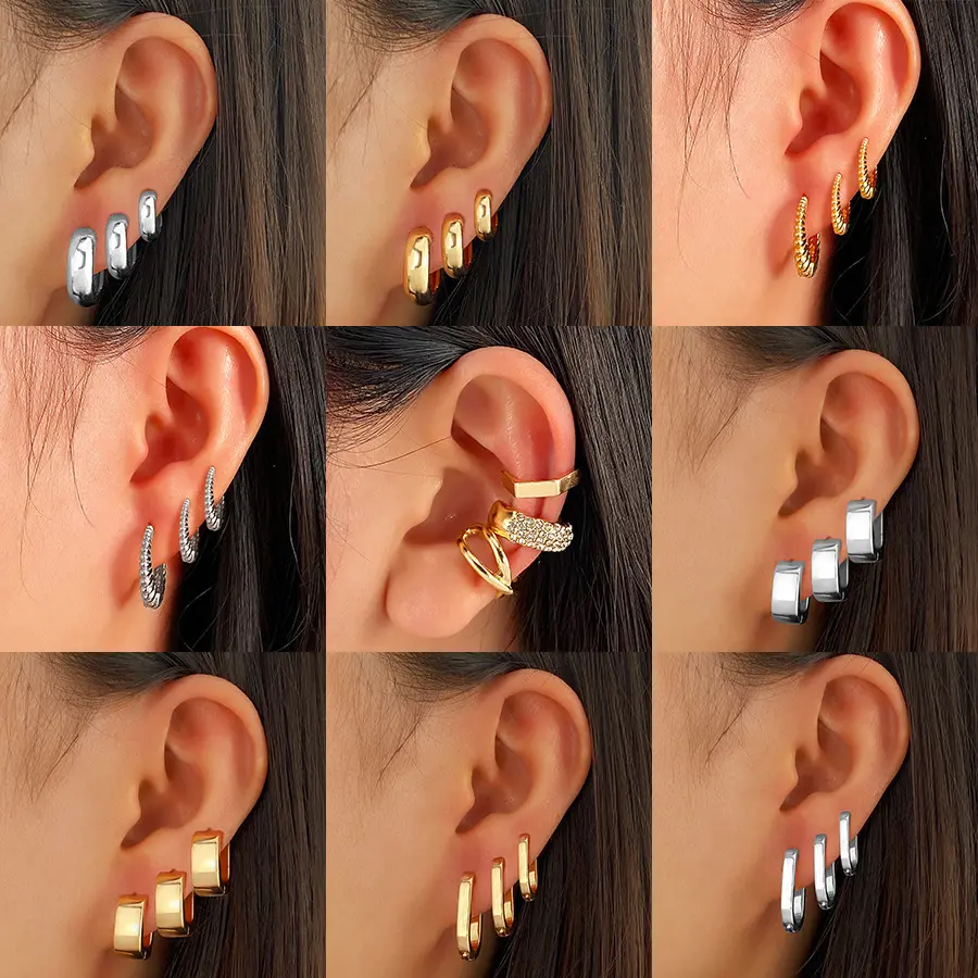 Women's Chunky Gold Hoop Earrings Set - Twisted Rope, Dome & Waterdrop Huggie Pack for a Stacked Look & Cartilage Fit