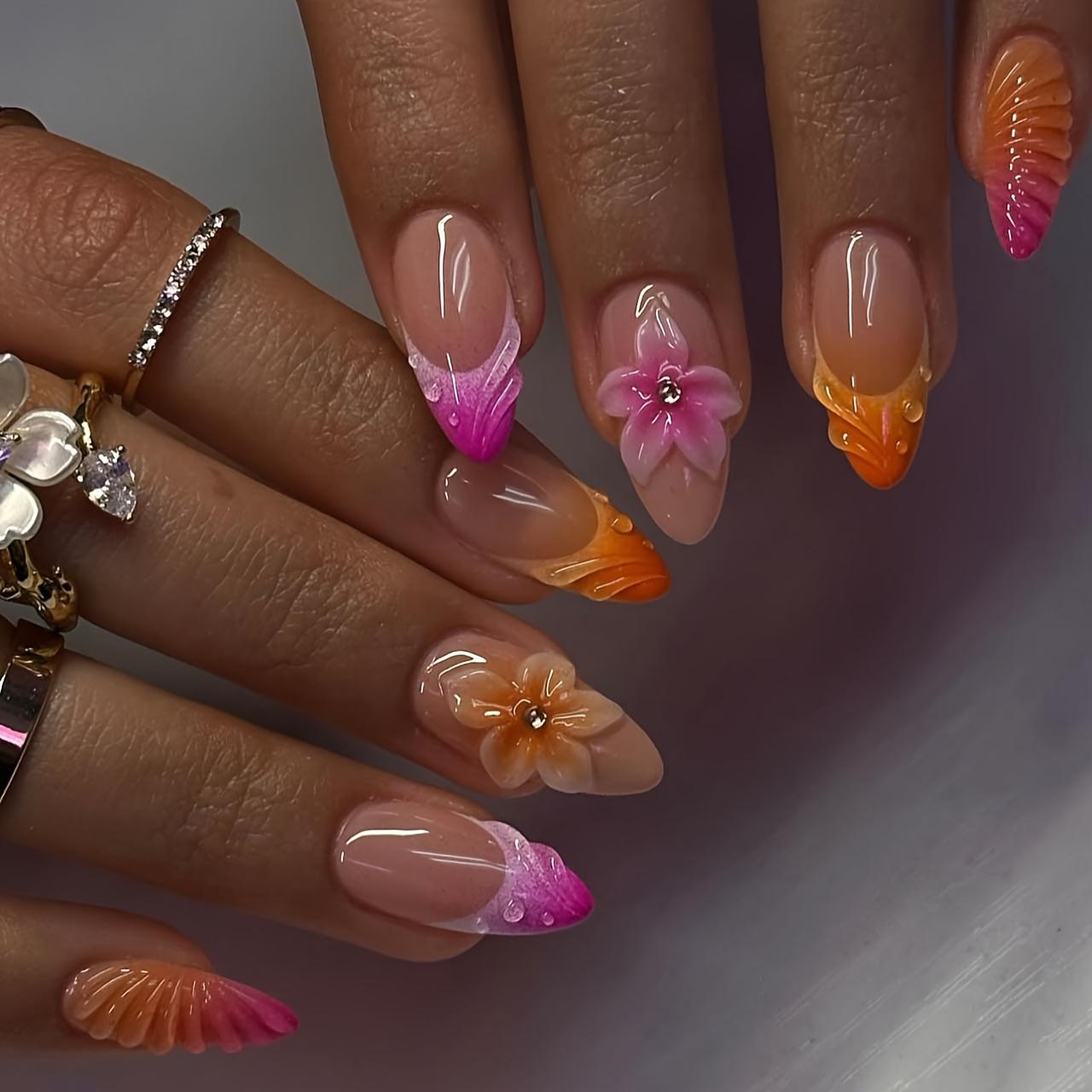 24-Piece 3D Press-On Nails • 3D Floral, Teardrop, Lily, and Shell Designs • Includes Nail Art Tools • Reusable and Removable • Suitable for Proms, Parties, and Any Occasion • Ideal Choice for Women's Nail Art