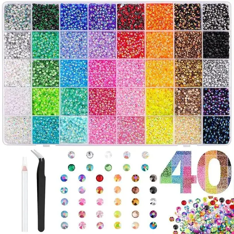 Bedazzling Kit, Rhinestone Bedazzling Kit with 40000Pcs 40-Type 3mm Multicolor Jelly Synthetic Flatback Gems, Tweezers, Pick-Up Pen & Gifted Tools for DIY Crafts, Apparel, Nail Art, Diamond Art