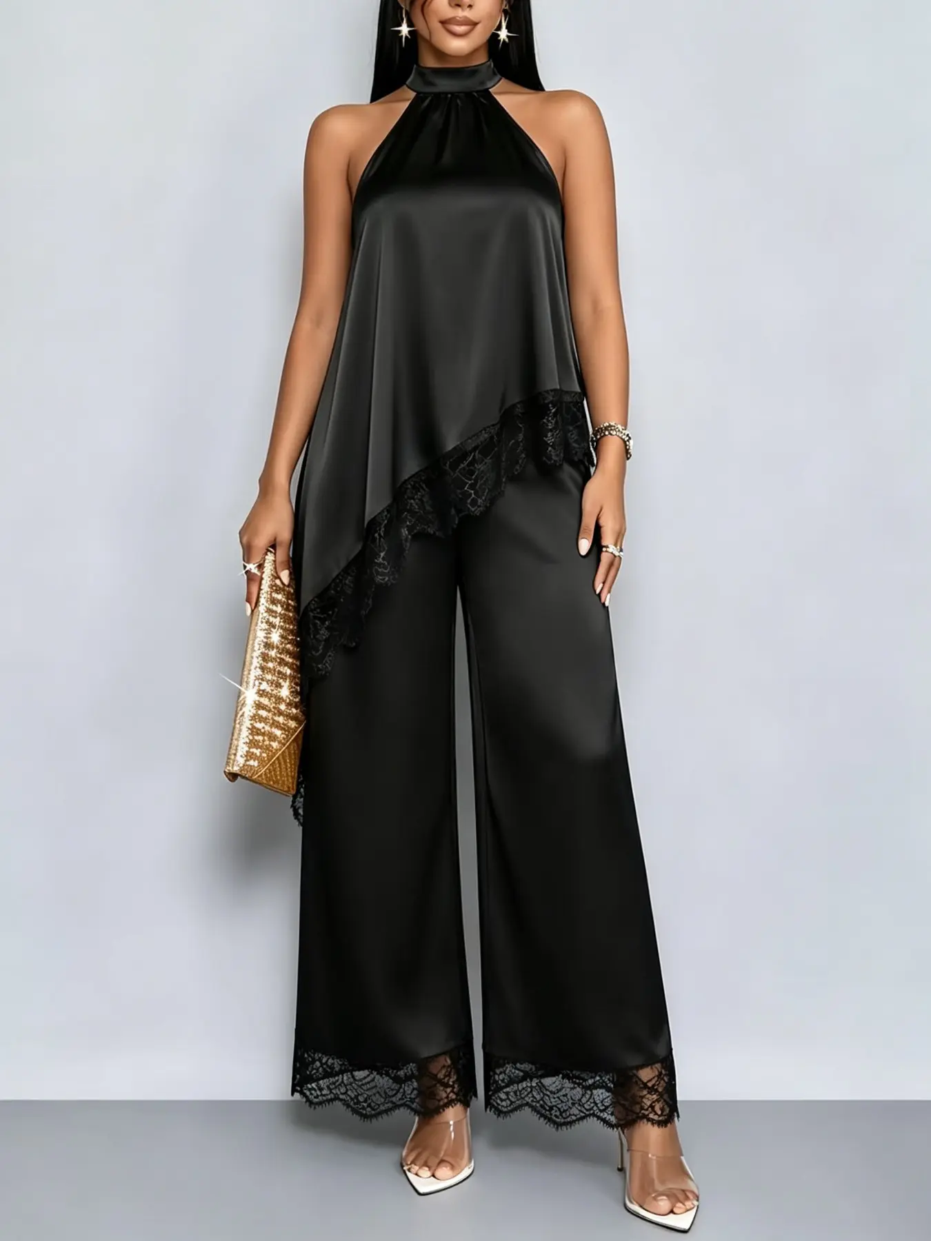 Spring Summer Women's Fashion Sexy Casual Two-Piece Set, Sleeveless Lace Trim Asymmetric Top and Pants, Solid Satin Fabric, All Seasons Asymmetrical