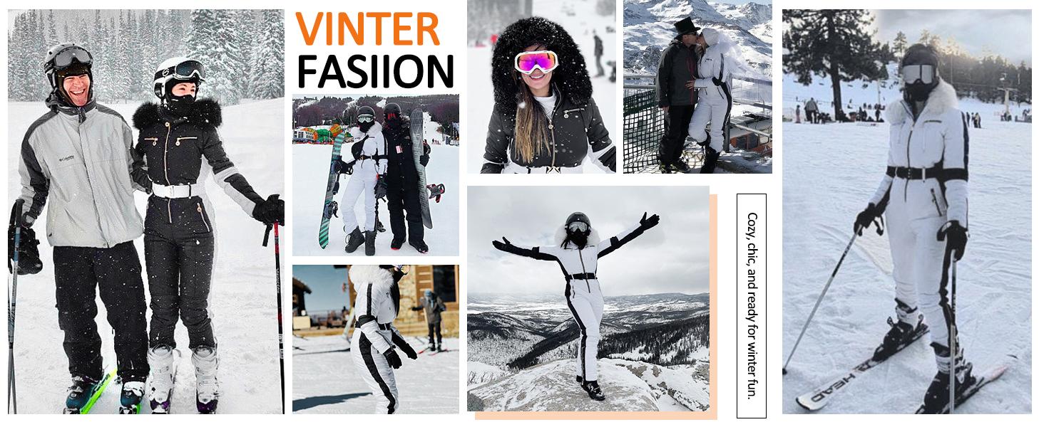 Yousify Womens Snow Suits Winter Ski Suit Onesie Outdoor Sports Waterproof Snowsuit Removable Faux Fur Collar Coat Jumpsuit