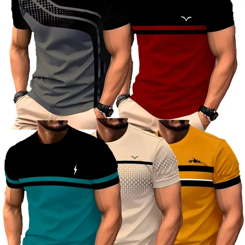 5-Pack Men's Striped Print Casual Short Sleeve T-Shirts, Gradient Color Summer Round Neck Quick-Dry Breathable Tee, Fashion Leisurewear Top
