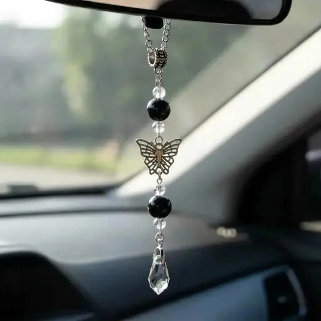 Crystal Obsidian Bead Car Decor, Butterfly Design Rearview Mirror Pendant, Bohemian Style Sun Catcher, Healing Car Hanging Ornament for Men and Women