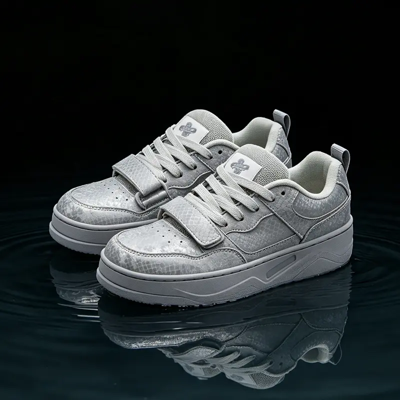Unisex Light Gray Dragon Scale Embossed Low Top Platform Skate Shoes Dual Closure Matching Gray Velcro Strap Wide Flat Gray Laces Full Gray Monotone Casual Sneakers White Tongue Label Neutral Aesthetic Footwear for Daily Commute Shopping Coffee Outfits