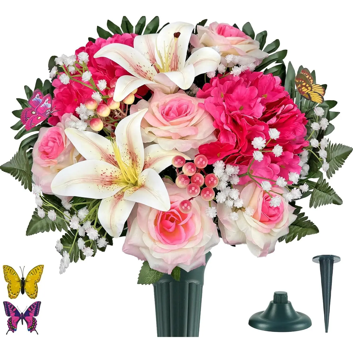 Artificial Cemetery Flowers for Grave Vase, Headstone Silk Flower Arrangement, Graveside Decoration - Vibrant Pink Rose Lily Hydrangea Mix Bouquet, Tombstone Memorial Flowers