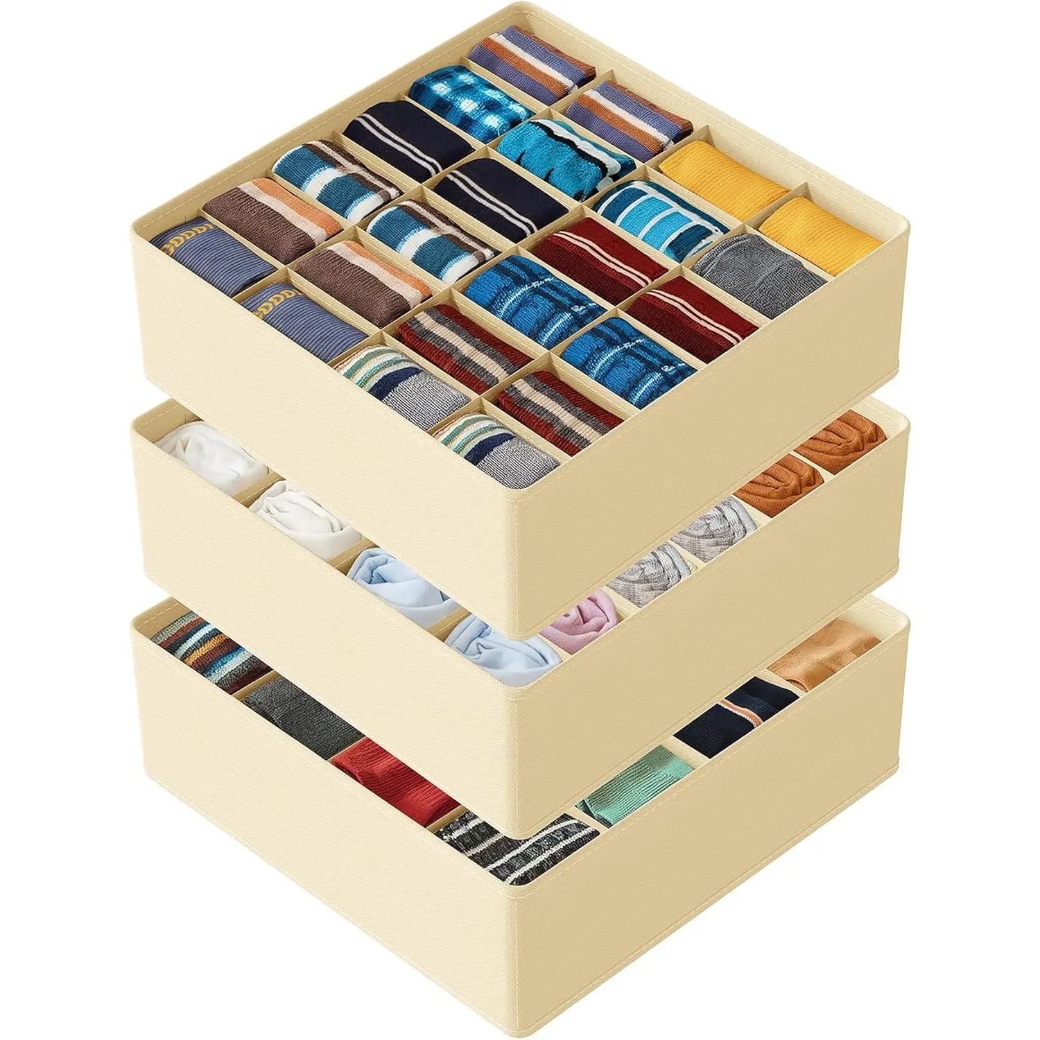 Sock Drawer Organizer Divider 3 Pack, 64 Cell Dresser Closet  Underwear Organizers Storage Bins for Organizing Socks Underwear Ties Belts (Beige)