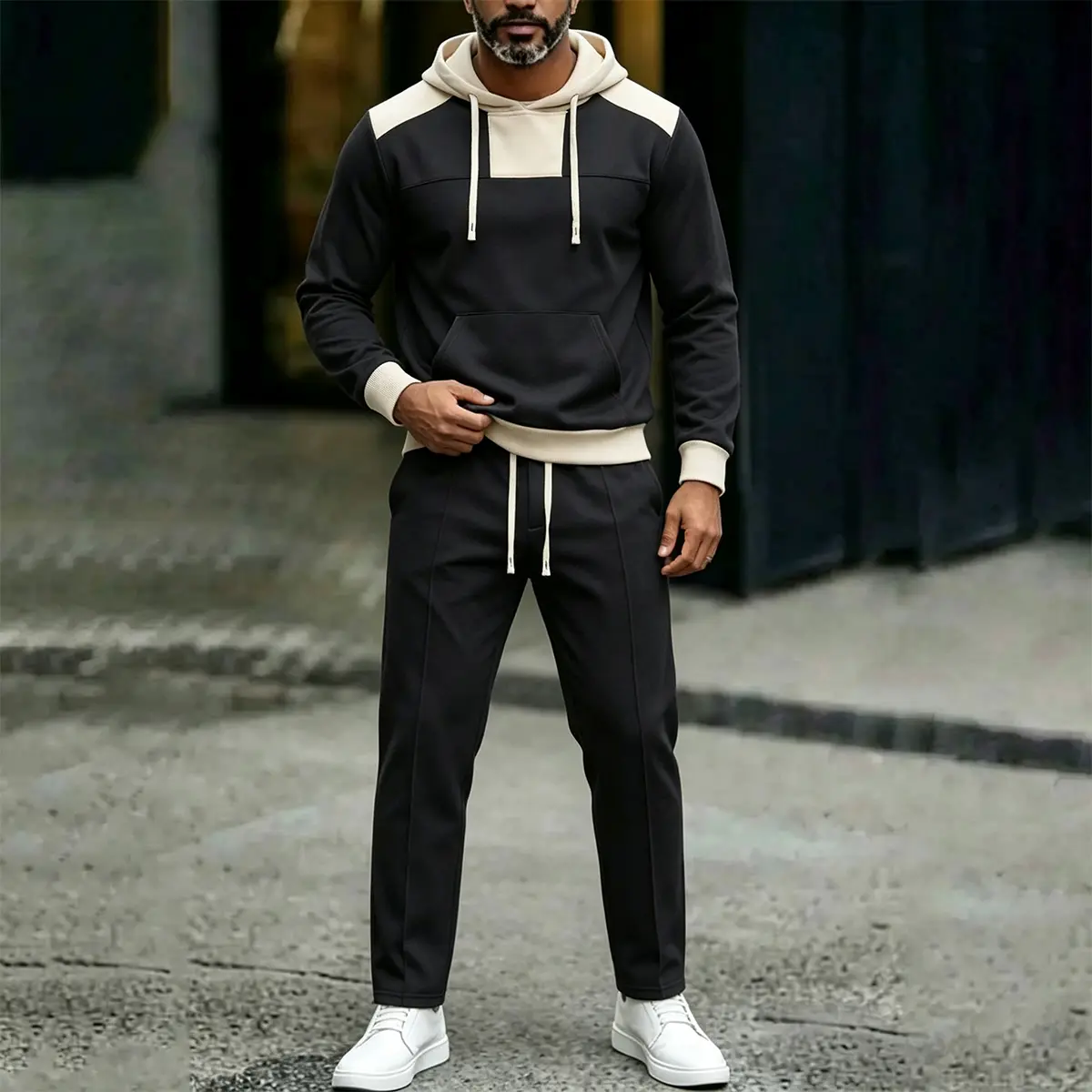 Men's Polyester Blend Color Block Hoodie Jumper, Casual Medium-Length Long-Sleeve Drawstring Hooded Sweatshirt with Kangaroo Pocket, Retro Streetwear Loose-Fit Top for Daily Walking & Sports, All-Seasons Machine-Wash Unisex Black Beige Patchwork Hoodie
