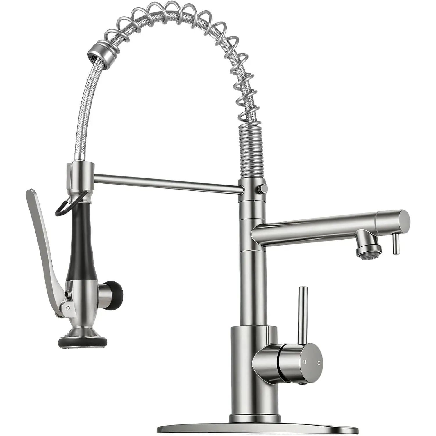 Kitchen Faucet with Pull Down Sprayer, 2-Spout, Brushed Nickel |   Commercial Spring Design, SUS 304 Stainless Steel, Spray Lock, Single Handle, 1 or 3-Hole Installation, Deck Plate Included