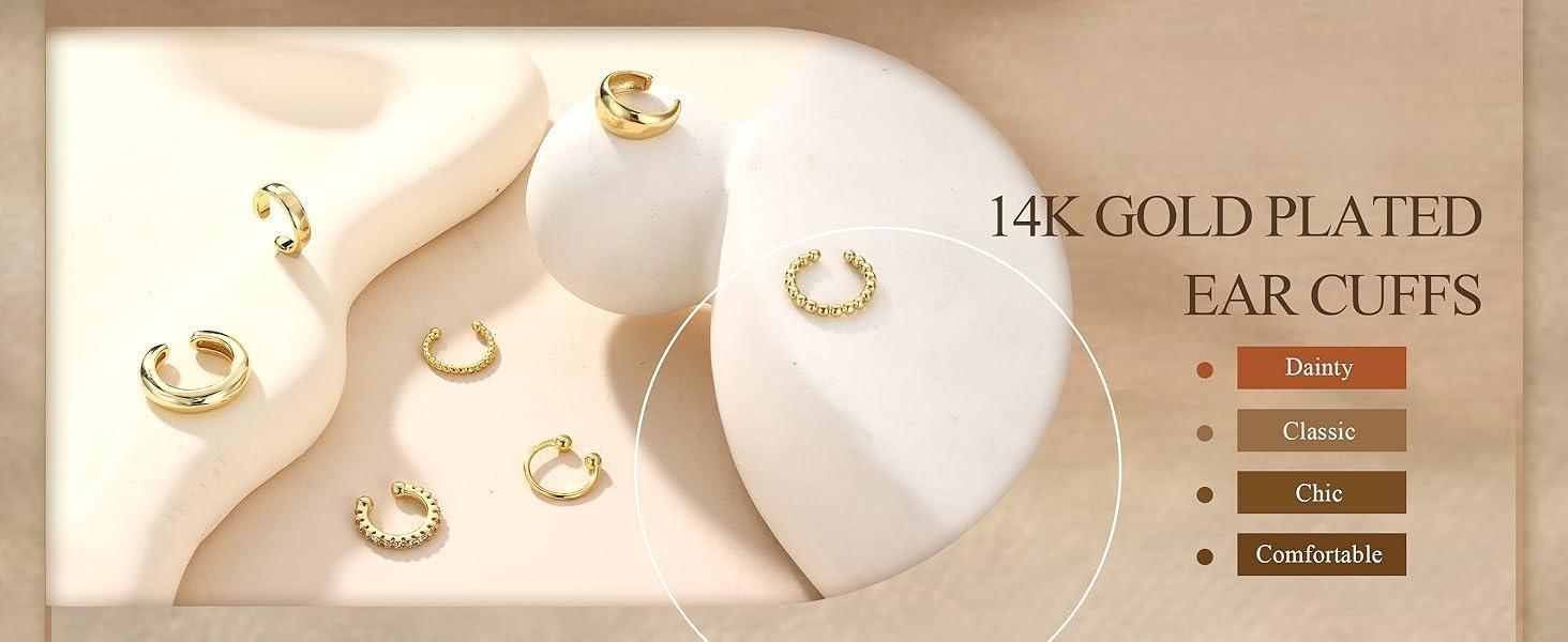 CASAIECA  14K Gold Plated Ear Cuff Earrings for Women Non Piercing - Hypoallergenic Ear Cuffs 14K Silver/Gold Plated Non Tarnish Clip on Cartilage Earrings Fake Earring Set Trendy Jewelry