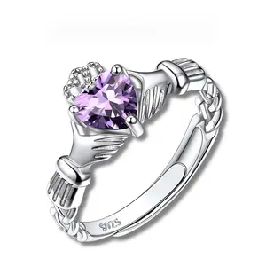S925 Sterling Silver Heart Synthetic Amethyst Ring with Exquiste Crown, Elegant Fashion and Cute Purple Zirconia Jewelry  for Women, Girls, Daughter Birthday Gift, Perfect for Daily Wear and Party