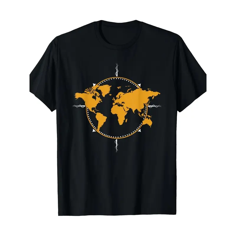 Geography, world map and compass pattern travel T-shirt