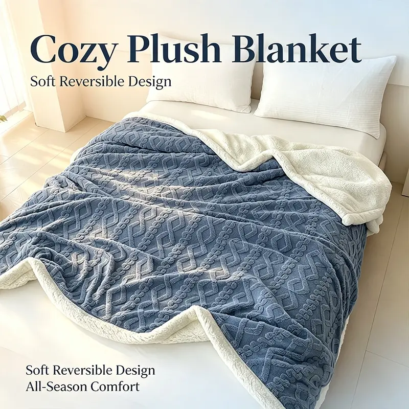 Premium Cable Embossed Textured Plush Blanket, Soft & Plush Air Conditioning Throw with Thick Smooth Plush Reverse Side, Breathable Decor Sofa Cover, Easy-Care Washable Fabric for Autumn, Winter and Year-Round Home Use