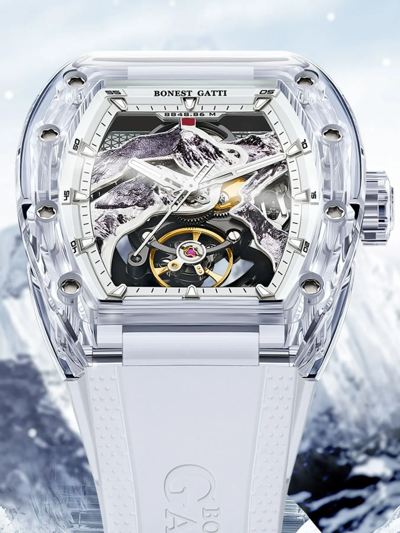 BONEST GATTI Men Watch Men Automatic Skeleton Mechanical Tonneau Watch Everest Series Hollow Dial Rubber Strap Butterfly Buckle Luminous 30M Daily Waterproof Luxury Timepiece Suitable As Birthday And Holiday Gifts For Men