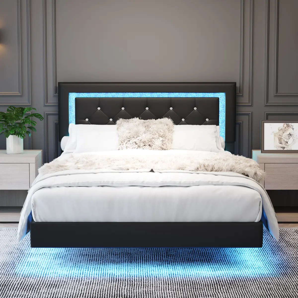 Floating Bed Frame Full with LED Lights and Diamond Tufted Headboard,Black | Upholstered Platform Bed,No Box Spring Needed, Noise Free, Easy Assembly