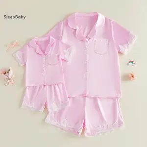 Mommy & Daughter Matching Pajama Gift Set (2-Pcs) - Elegant Lace Patchwork Polyester Short-Sleeve Satin Tops with Shorts Pants, Baby & Maternity Sleepwear