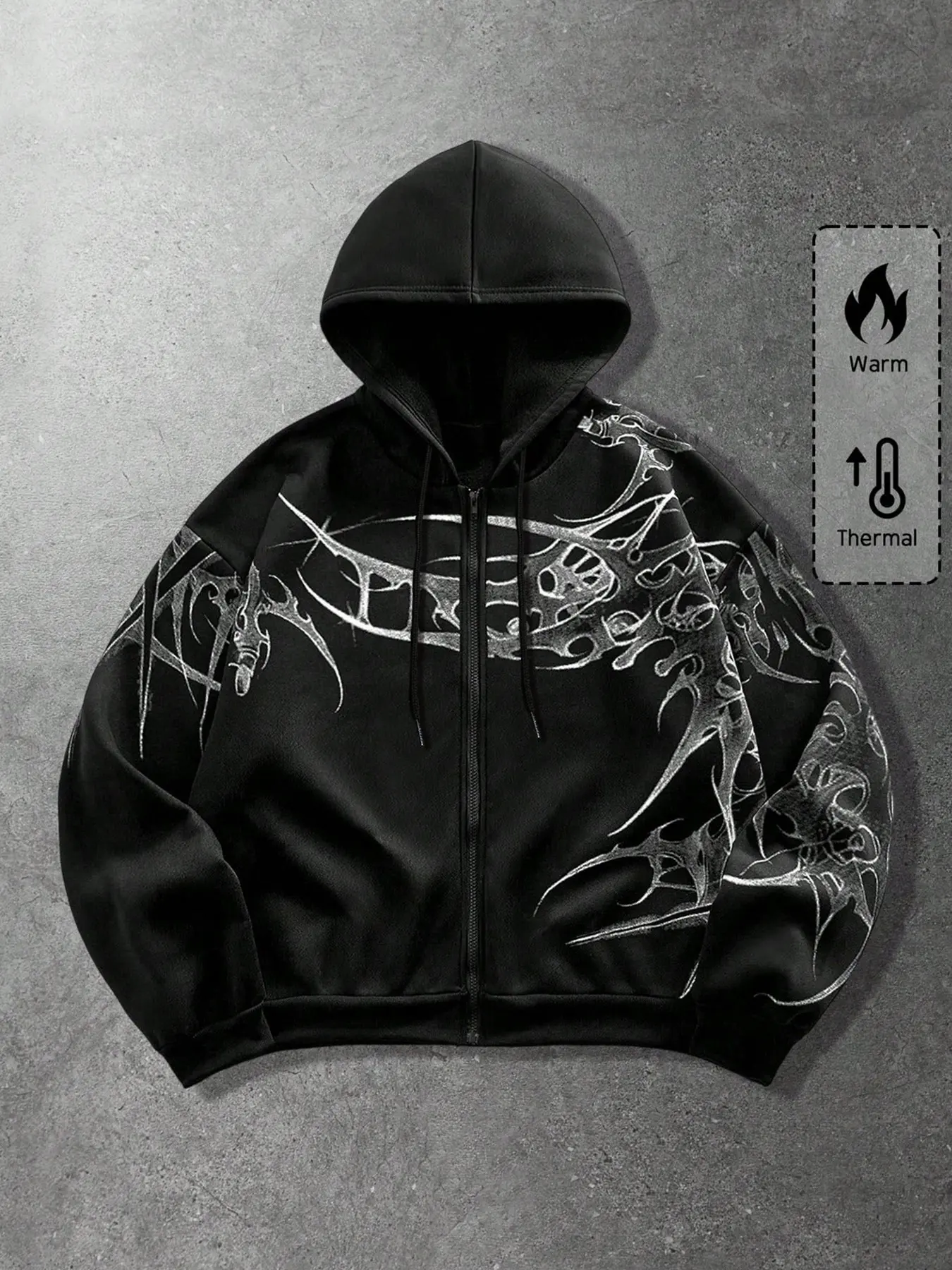 Men's Black Hooded Zipper Fleece Jacket, Gothic Thorn Abstract Print, Loose-Fit Shoulder Drop Sleeve, Warm Inner Lining, Fall Winter Streetwear