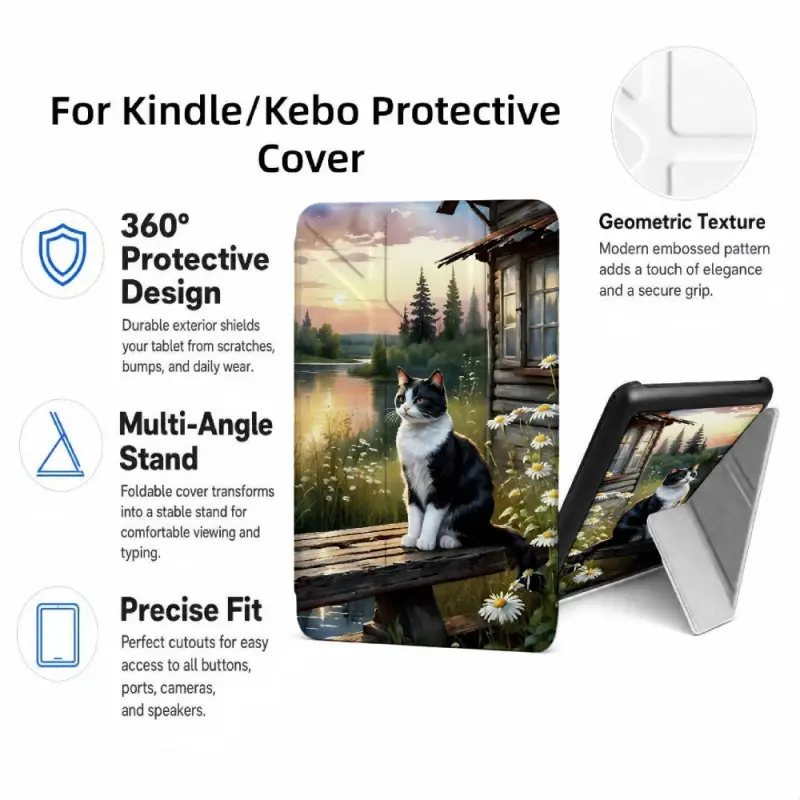 For Kindle/Kobo/Tolino Case, with stand Cat On Dock With Lake And Trees for New Kindle 11Th 2019, for Kindle 11th Generation Case for Kindle 11Th (2022/2024), 6-Inch, 7-Inch Kindle Paperwhite 12Th Generation 2024 Vision Color (2024) /Vision 6 (2021）/Shine