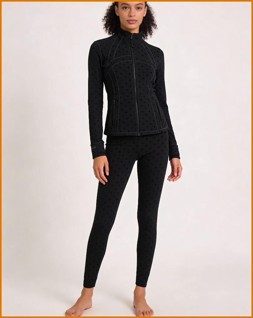 Vibe Outdoor Women's Stylish Black Polka Dot 2-Piece Active Set  Stand Collar Zip Jacket & High Waist Leggings for Yoga, Gym & Daily Wear