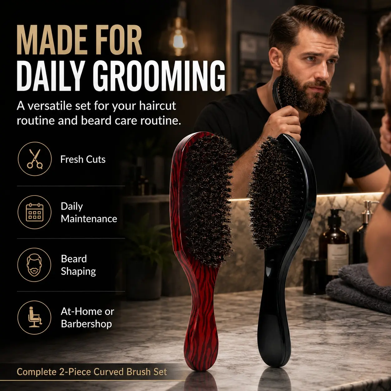 2‑Piece Curved Beard Brush Set for Men, Multi‑Color Handle Bristle Brush, Beard Shaping Grooming Tool for Daily Use, Beard Maintenance, Ideal for Home and Barbershop