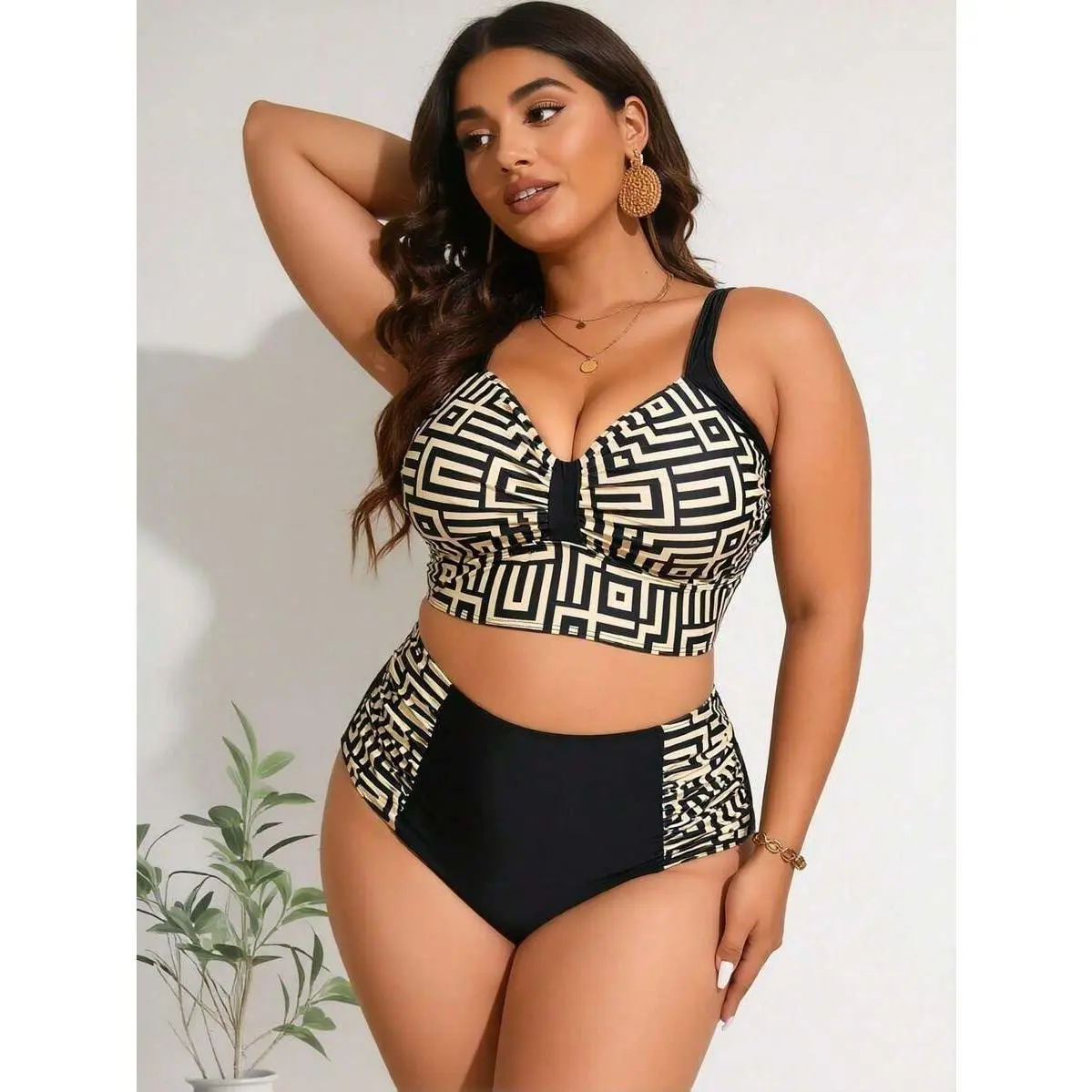 2026 New Women's Plus Size Bikini Set: Black & Gold Geometric Print Crop Top + High-Waisted Bottom With Side Panels