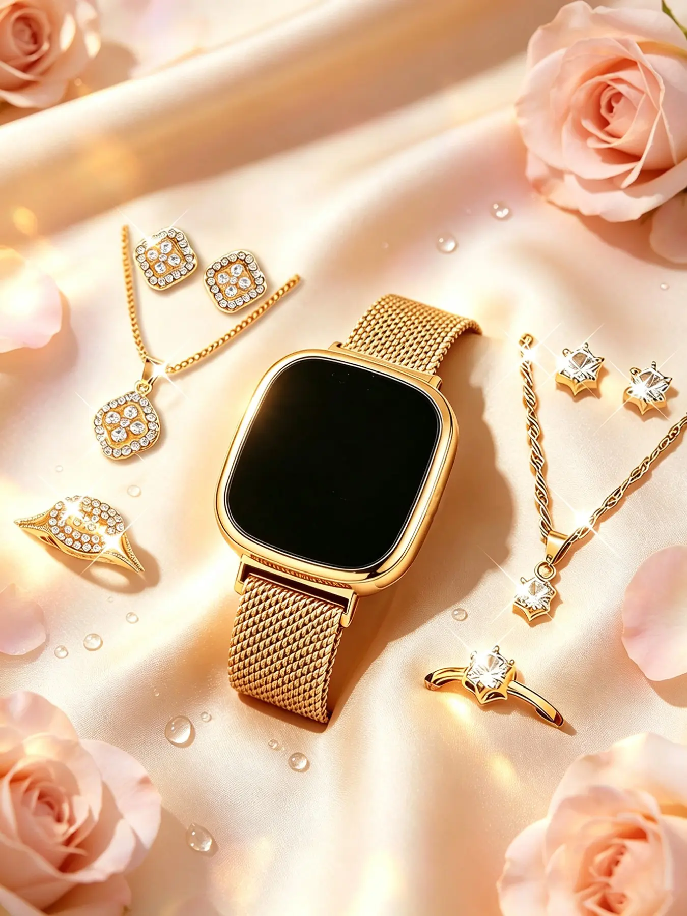 Luxurious LED Touch Screen Women's Electronic Smartwatch Set with Pendant Necklace, Ring, Earrings, Bohemian Style, Perfect for Holidays
