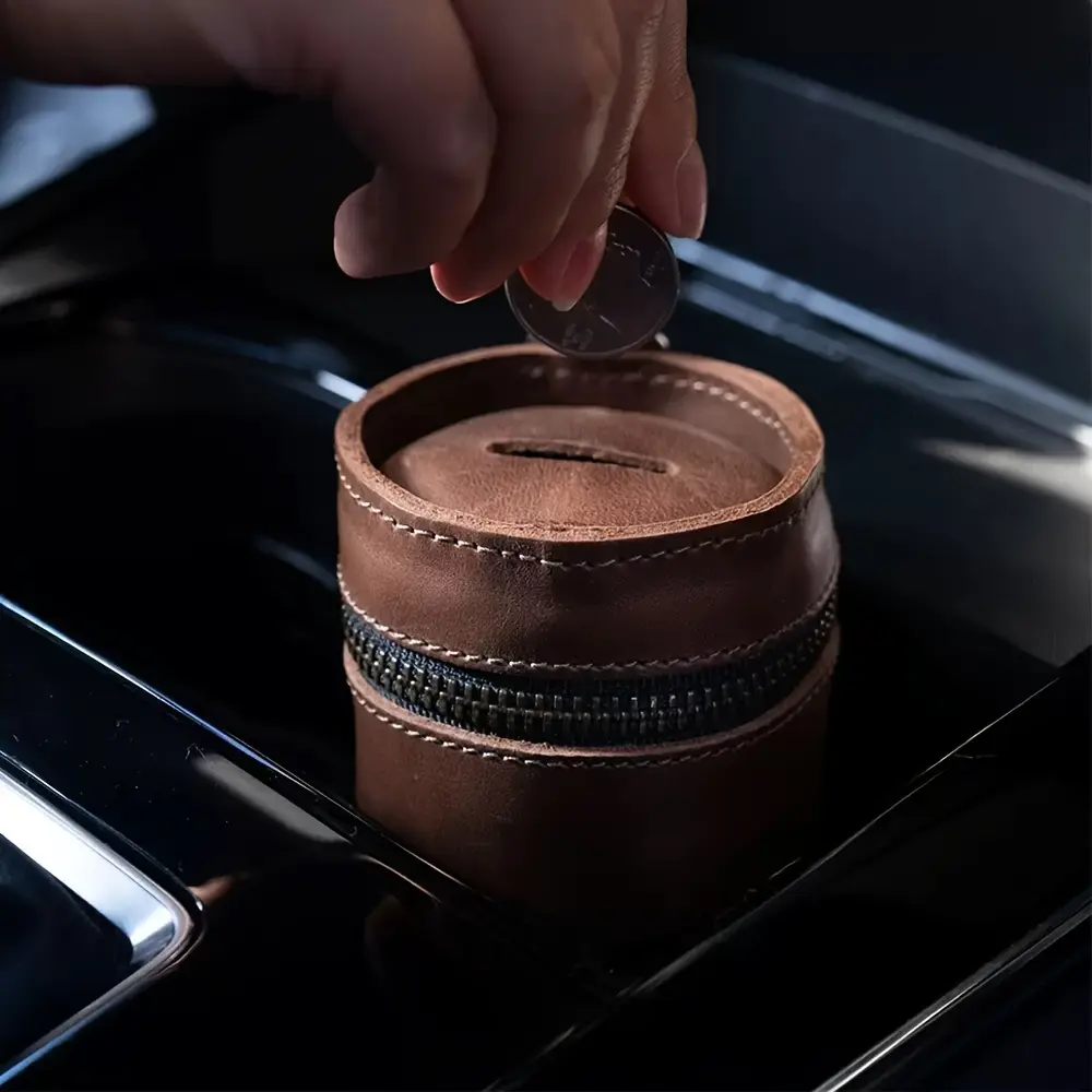 Handmade Genuine Leather Piggy Bank with Top Layer Cowhide, Suitable for Car Cup Holder, Coin Purse, Coin Storage Box, Coin Clip, Zipper Bag, Full Grain Leather, Coffee Color, Unique