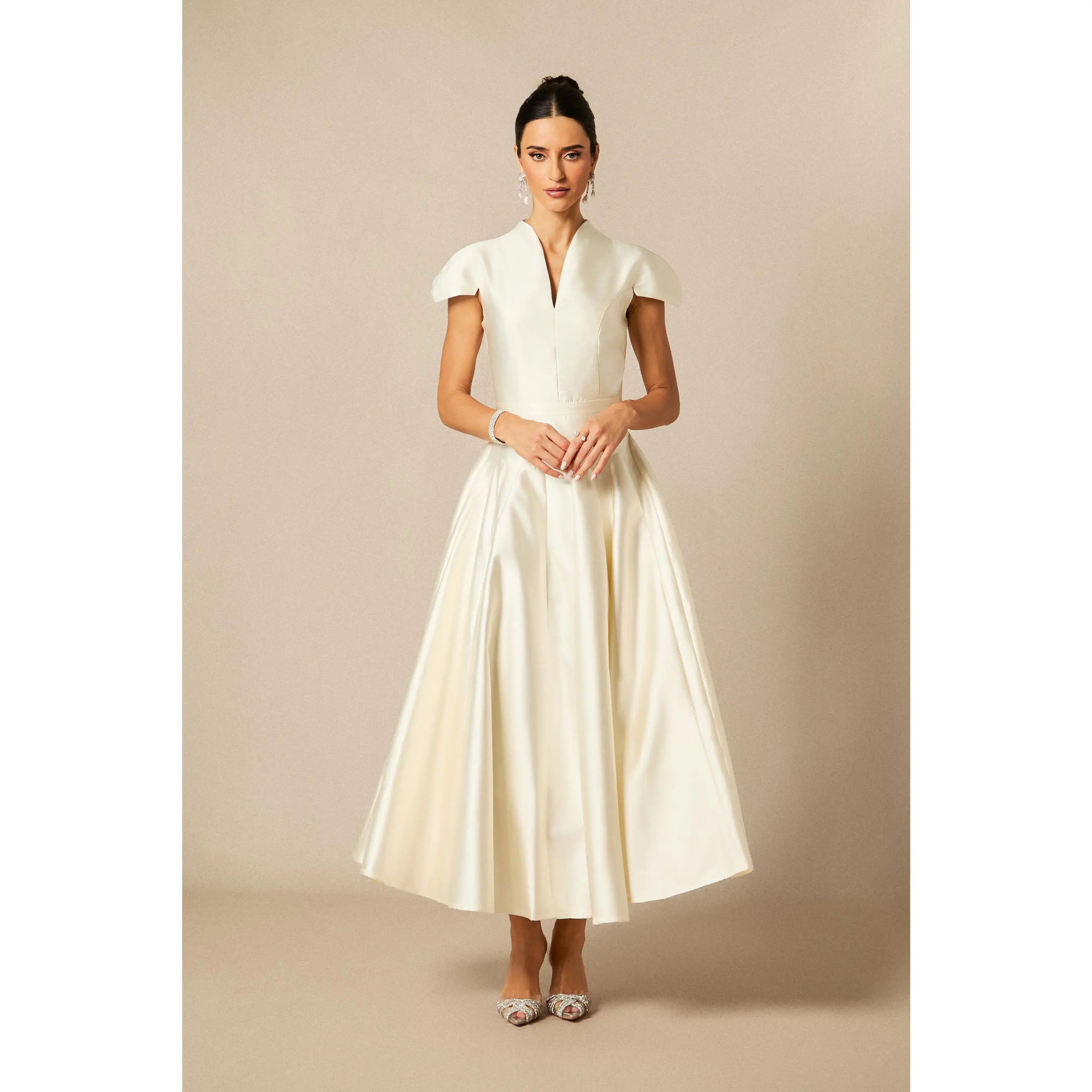 Sunfere Satin V-Neck Midi Dress - Cap Sleeve Flared Hem Elegant Silhouette, Prom Cocktail Wedding Guest