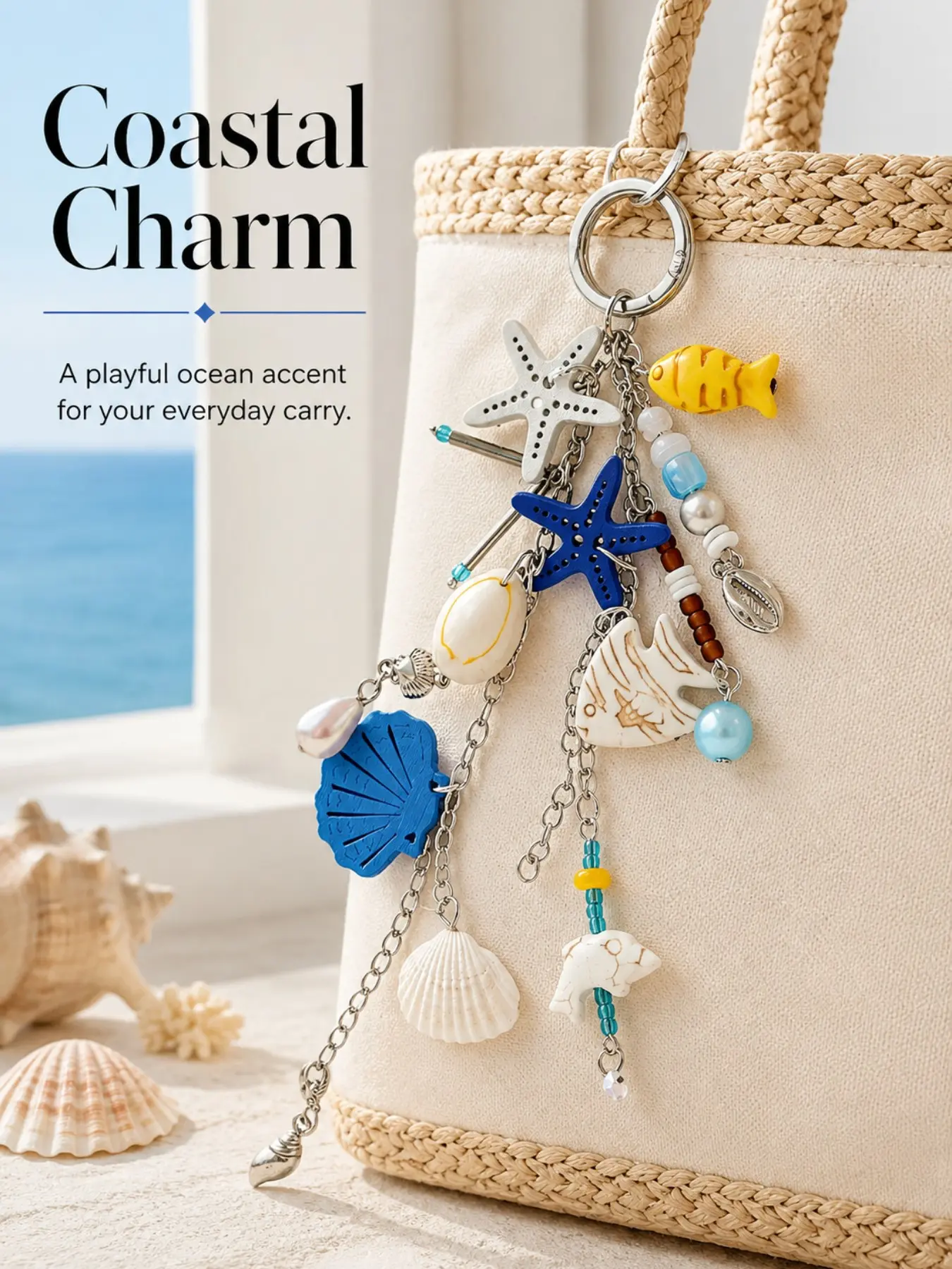 Boho Coastal Nautical Keychain, Multi-Charm Dangling Beaded Purse & Bag Charm Featuring Starfish, Seashell, Dolphin and Tropical Fish, Ocean Core Beach Vacation Travel Souvenir Kg, Unique Gift for Beach Lovers