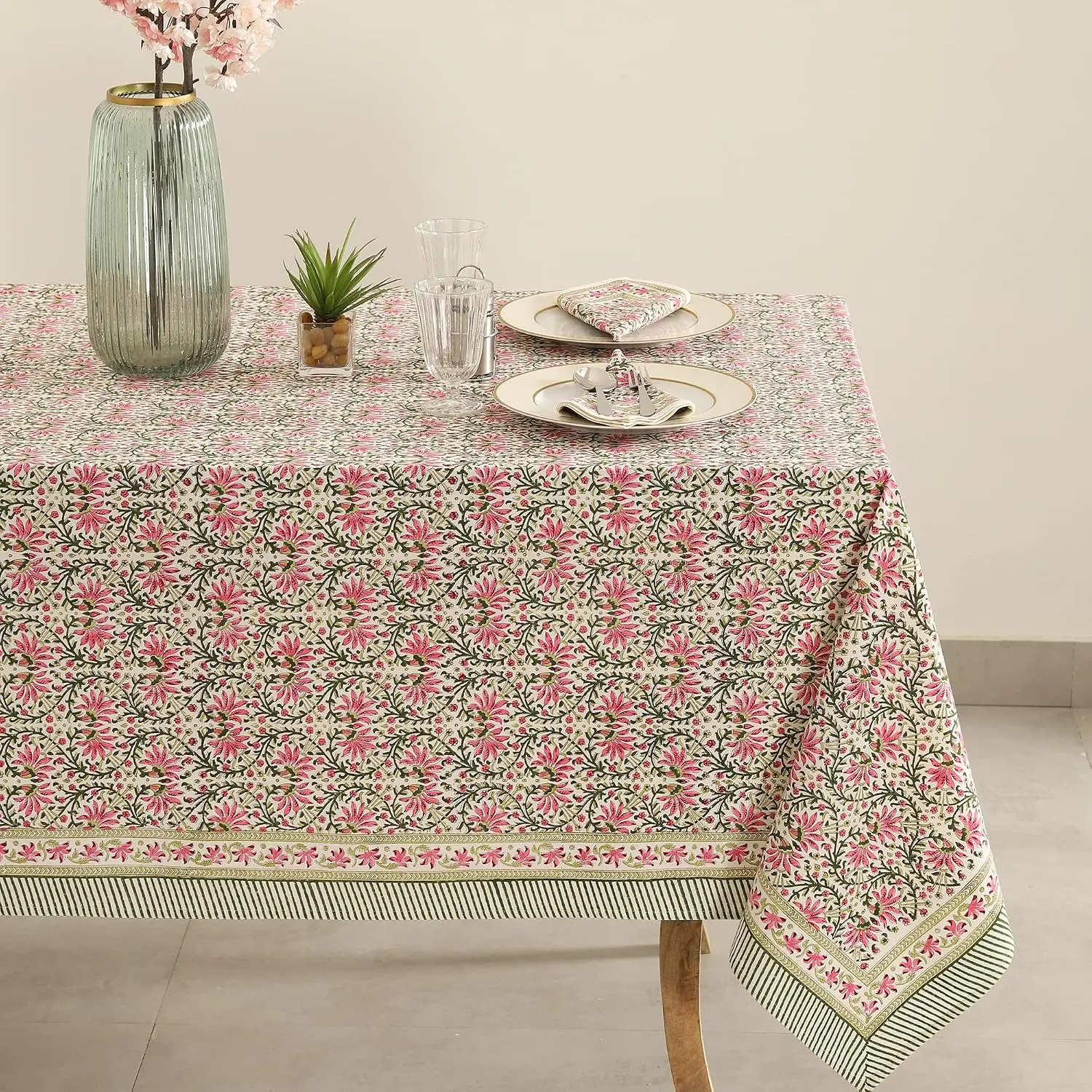 Labhanshi Hand Block Print Cotton Rectangle Tablecloth, Pink & Green