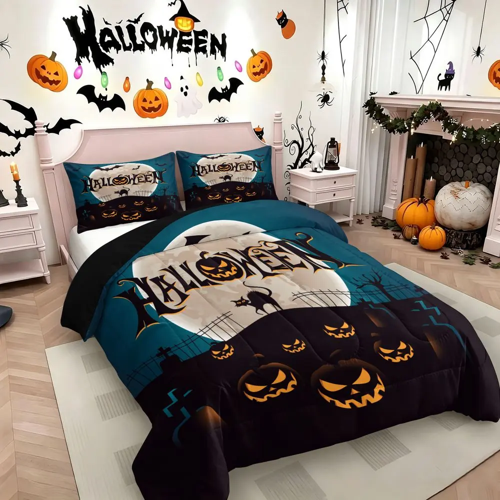 2/3Pcs Halloween Bedding Set Pumpkin Bats Graveyard Comforter Set, Soft Microfiber Quilt with Pillowcase, Spooky Holiday Bedroom Decor for Kids and Adults, All Season Bedspread No Pillow Core