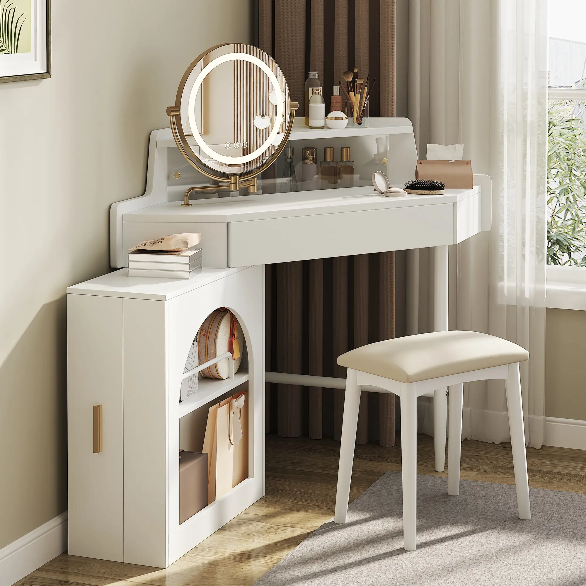 ARCH White Corner Makeup Vanity Desk with Tri-Folding HD Mirror, 3-Color LED Lights, Adjustable Brightness, Large Storage Drawer, Display Shelf, Side Cabinet, Cushioned Single Stool, Engineered Wood, for Bedroom Small Space
