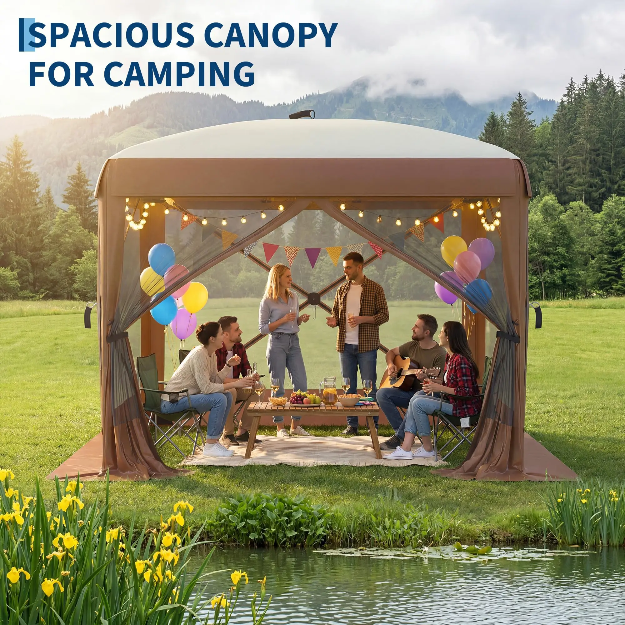 8x8FT 4-Sided Pop Up Gazebo Screen Tent with Mesh Panels, Brown | One-Push Setup, Removable & Privacy Wind Cloths, Outdoor Sun Shelter for Camping, Backyard Parties & Events