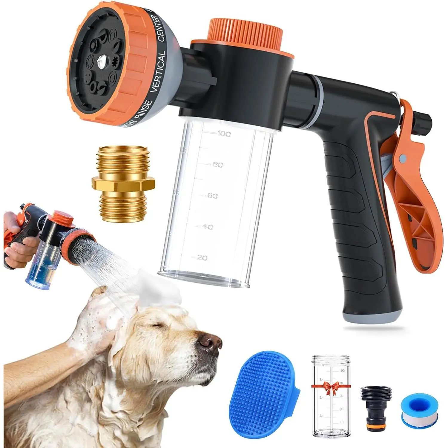 Dog Shower Attachment with Soap Dispenser, Universal High-Pressure Foam Sprayer for Pet Bathing, Upgraded Wash Hose Attachment with 1+ Spray Modes & Grooming Brush (Showerheads & Sprayers)