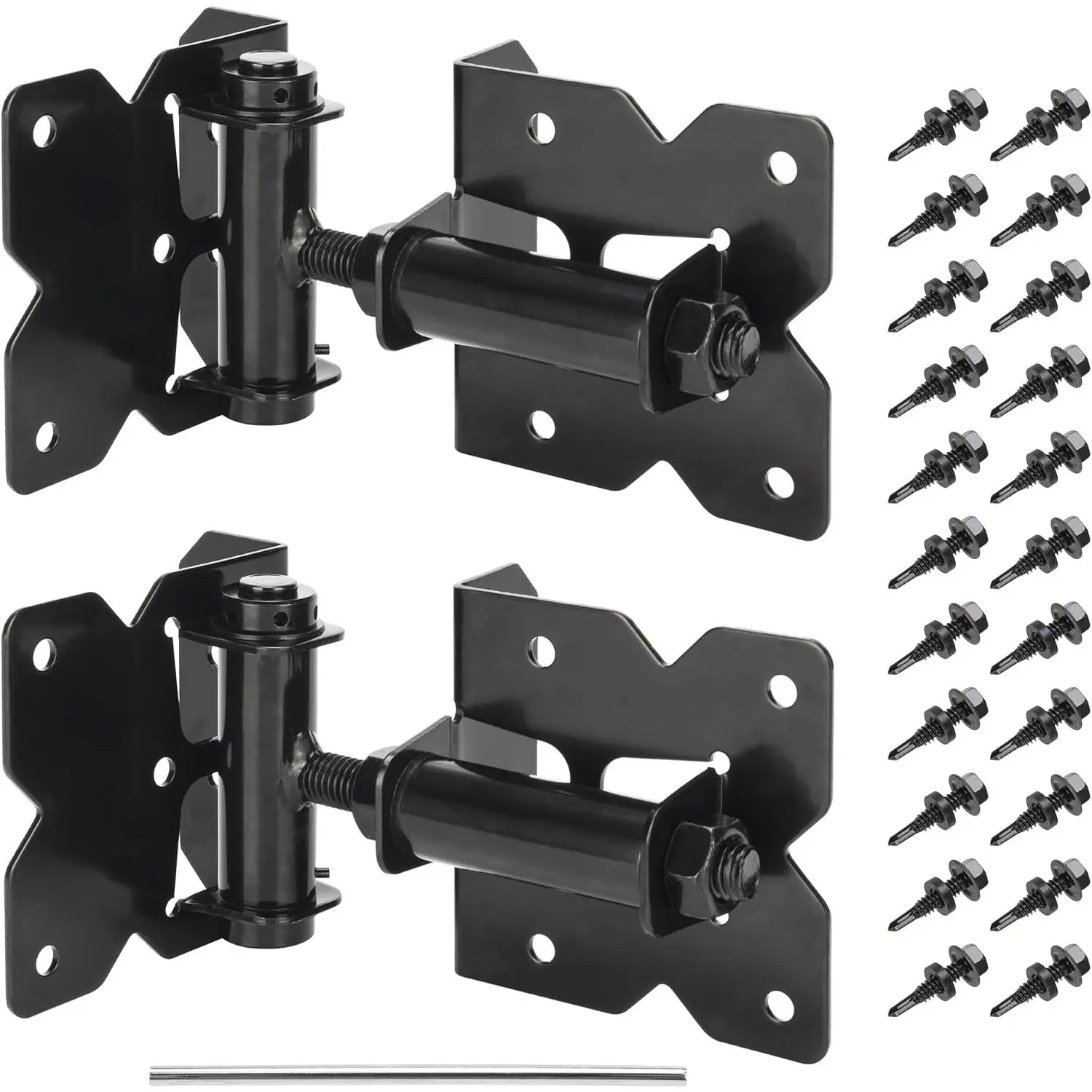 Self Closing Gate Hinges, Heavy Duty Hardware for Outdoor Vinyl/Woodn Fence Gates, 90  Adjustable Gate Hinges Kit, Black Self Closing Hardware with Screw Kits and Swing Adjuster Tool, 2 Pack