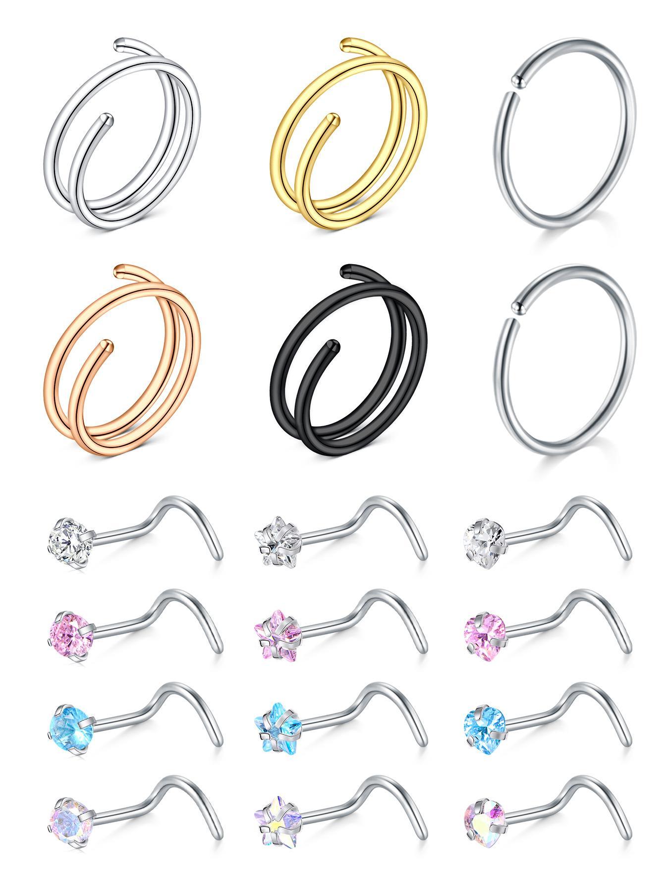 18pcs Rhinestone Decor Spiral Nose Ring & L-shaped Nose Stud Set, Nose Rings Set, Casual Stainless Steel Jewelry for Vacation Party Daily Gift, Classic Fashion Accessories for Daily Wear