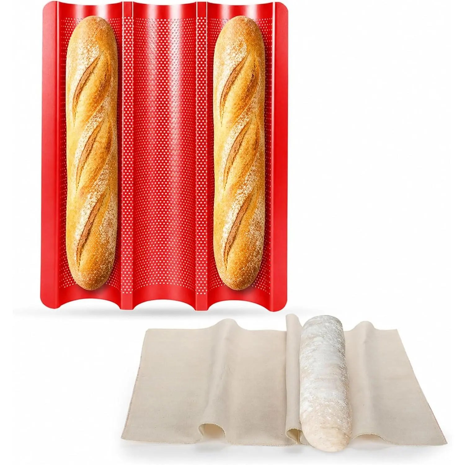 Nonstick Perforated 3-Wave Carbon Steel Baguette Bread Pan with Included Dough Proofing Cloth, Red Baguette Baking Tray for Baking Baguettes and Rolls