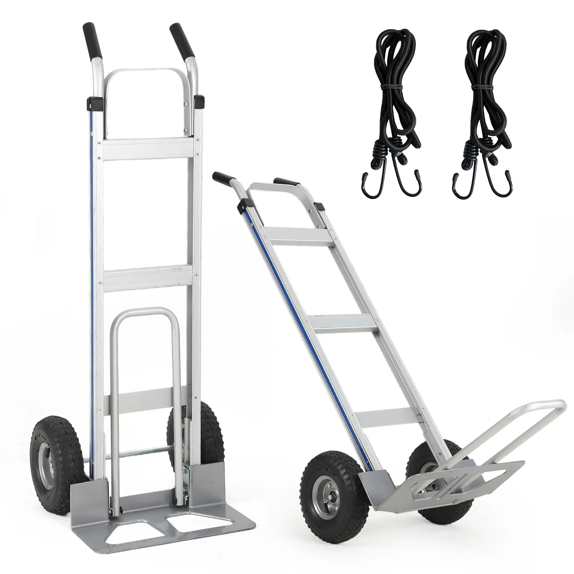 Heavy Duty Aluminum Hand Truck Dolly – 600 lbs Capacity – Collapsible Platform Cart with Extendable Base – 10" Pneumatic Wheels – Includes 2 Elastic Cords – Appropriate for Warehouse, Home, Supermarket Transport