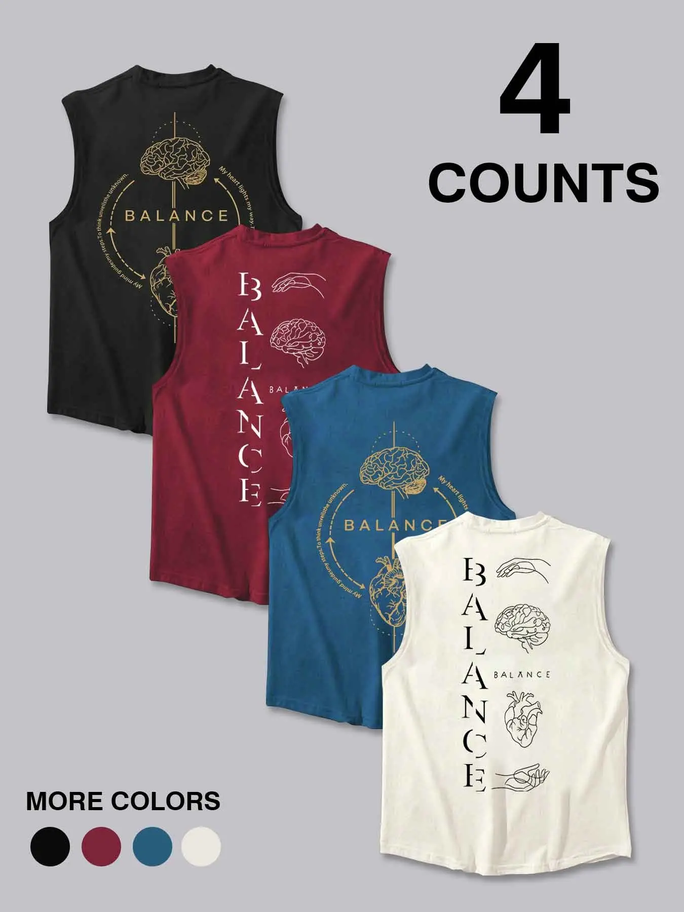 4 Pack Men's "BALANCE" Brain & Heart Graphic Print Sleeveless Tank Tops Minimalist Mind-Body Balance Quote Crewneck Muscle Tanks For Yoga Gym Streetwear Casual Outfits Men's 4 Counts Multi Color "BALANCE" Inspired Sleeveless Tank Tops Breathable Cotton Bl