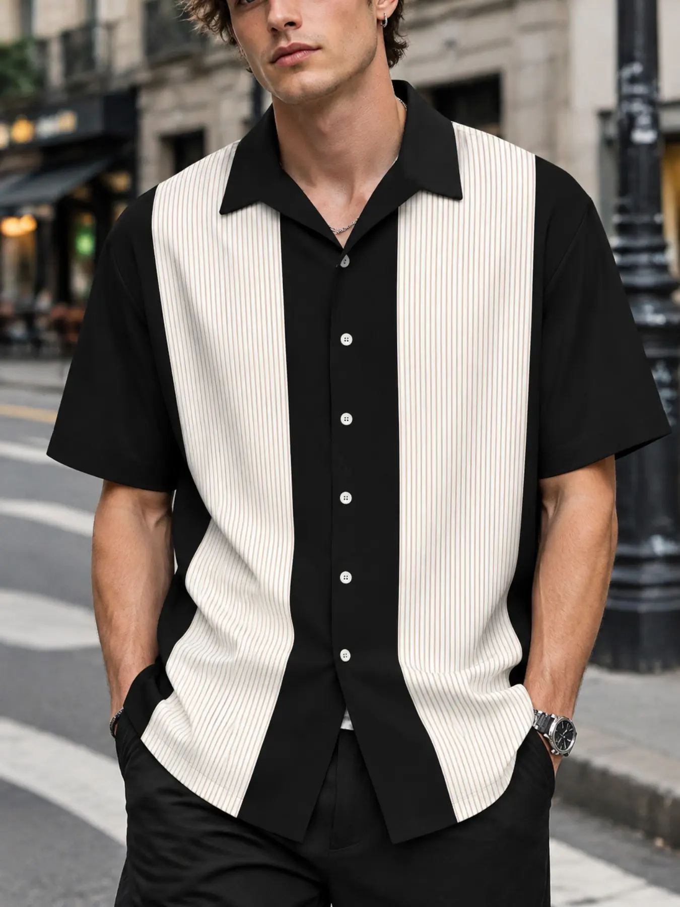 2026 New Summer Men's Short Sleeve Patchwork Shirt, Comfortable Ice-Feel Breathable Fabric, Casual Style, Slim-Fitting, All over Print, Casual Outings Shirt