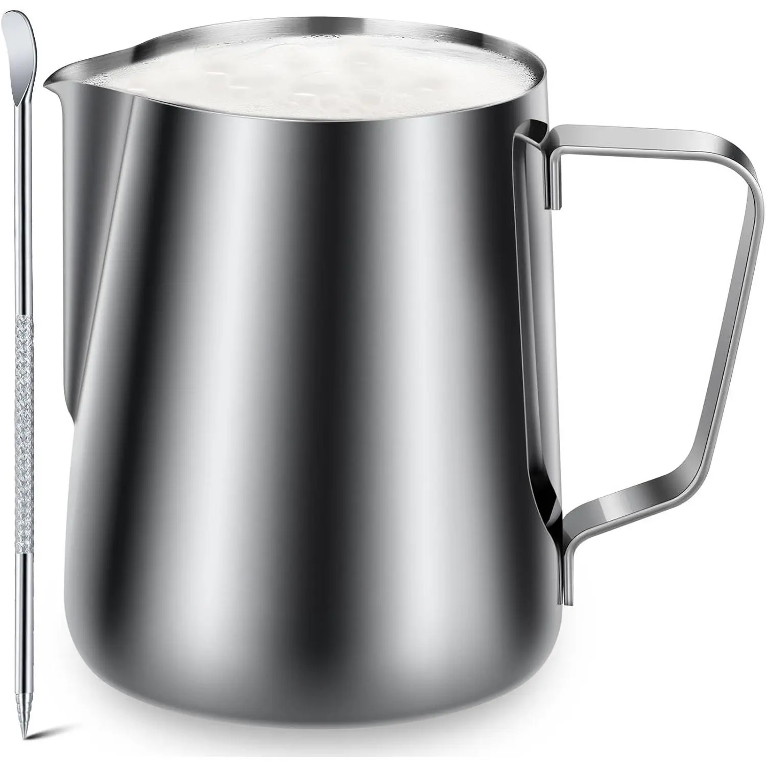 Milk Frothing Pitcher, 12oz Stainless Steel Milk Frother Cup Steaming Pitcher, Coffee Bar Cappuccino Espresso Machine Accessories Barista Tools, Metal Pitcher Milk Jug with Decorating Latte Art Pen