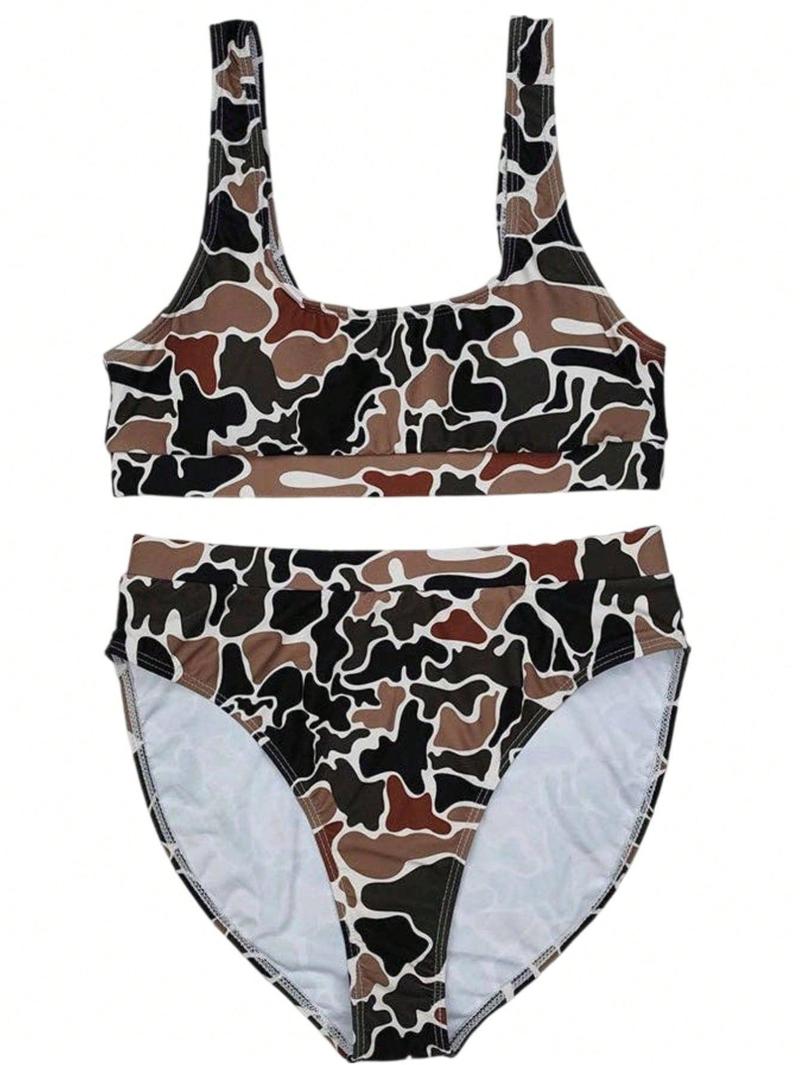 2Pcs Camo Print Sport Traning Top&Shorts Suit Set for Women Sleeveless Top & Shorts Set Summer Beach Swimwear Swimwear Summer Sleeveless Shorts Swimsuit Set Camo Brown Bathing Suit Clothing