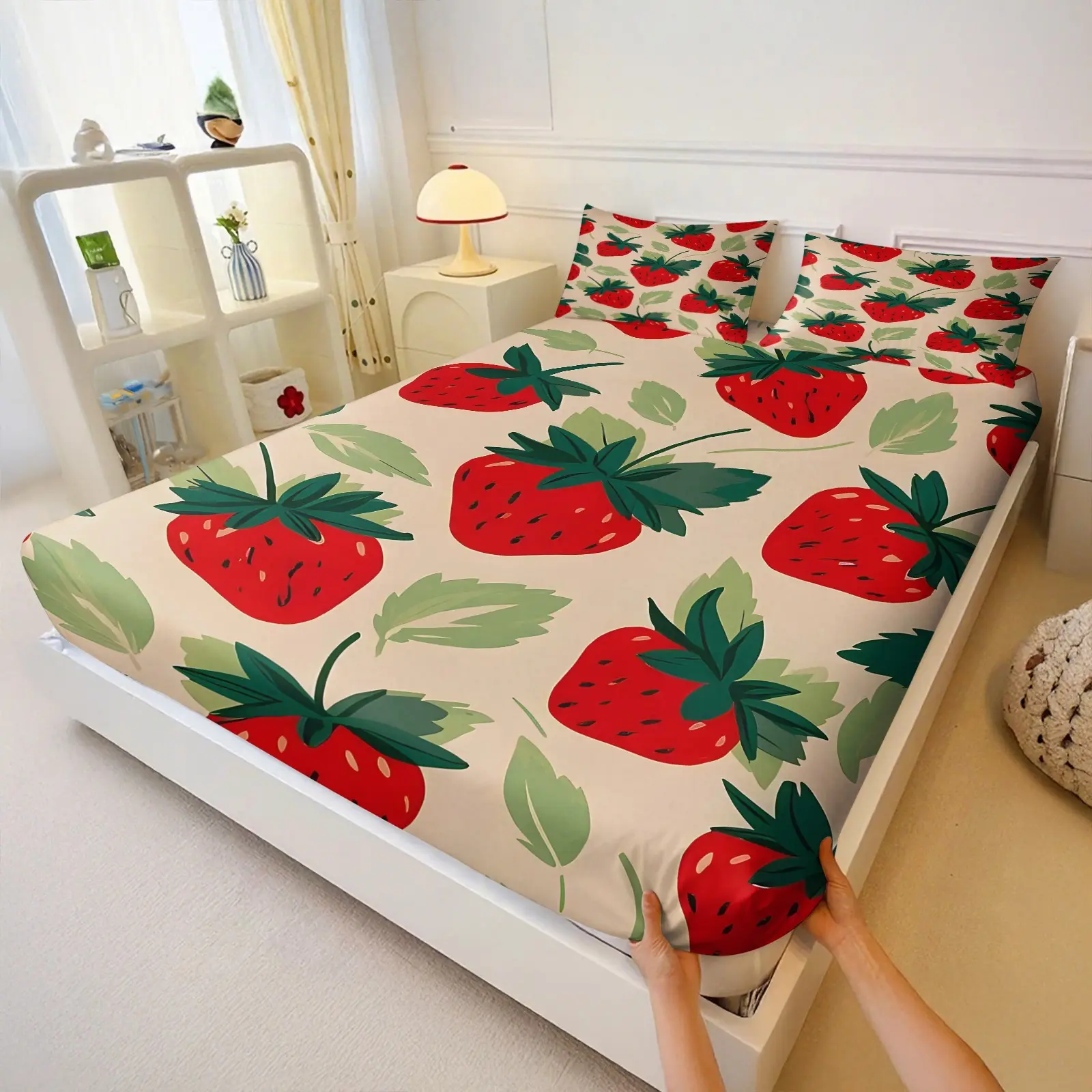 3PCS Full‑Print Cute Strawberry Fitted Sheet Set,Sweet Fruit Theme,Deep Pocket Wrinkle‑Resistant Soft,Home Bedroom Dorm Use,Back‑to‑School Gift,Multi‑Color Available