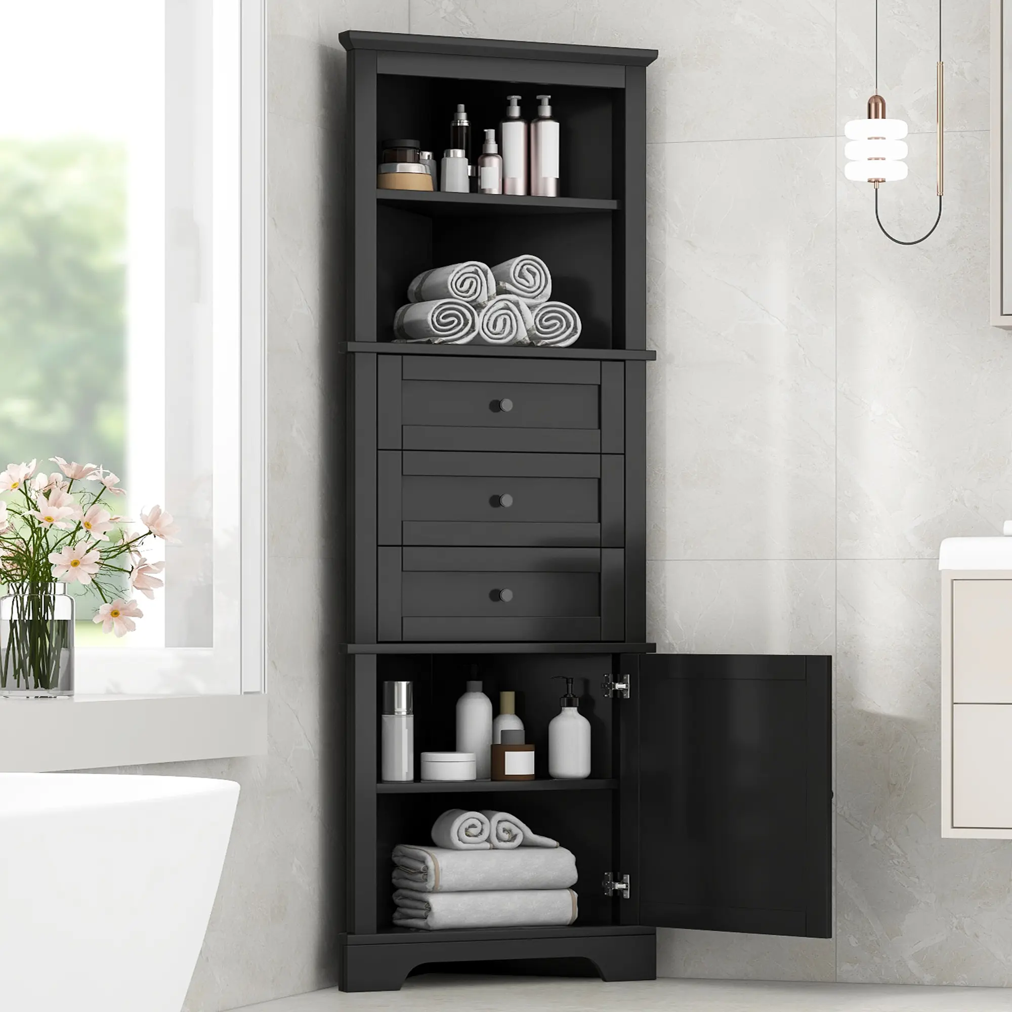 ARCH Black Triangle Tall Corner Cabinet - 3 Drawers, Adjustable Shelves, MDF Finish, 68.9" Height, Water-Resistant, Metal Handles, Space-Saving Storage Organizer for Bathroom, Kitchen, Requires Assembly