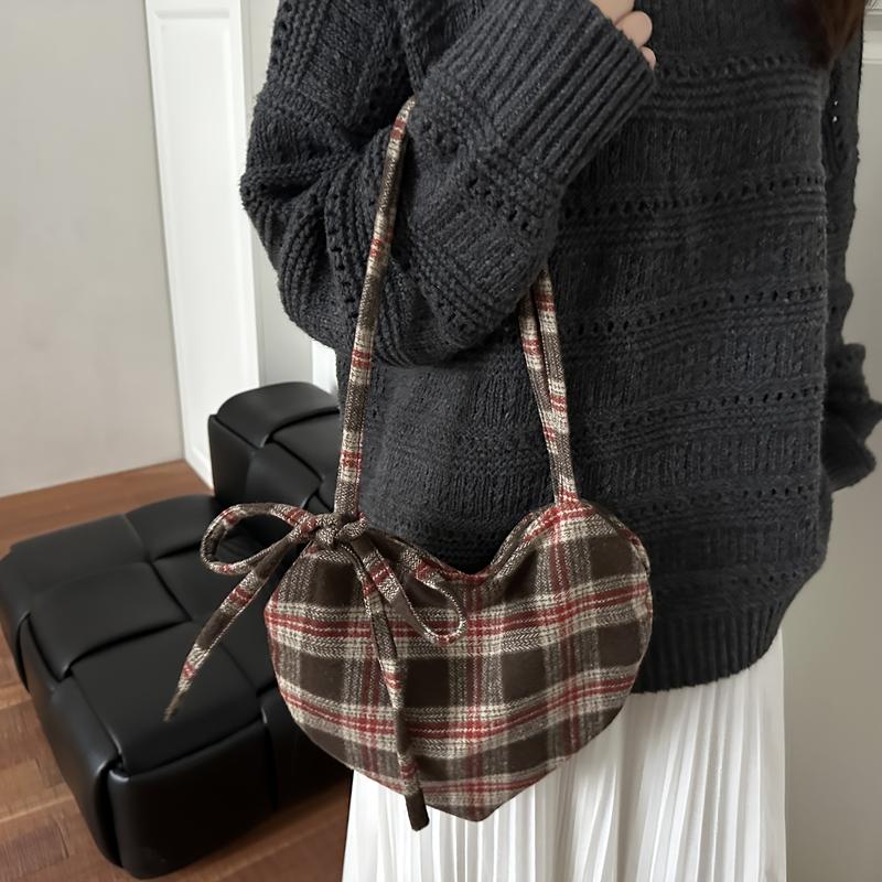 Women's Heart-Shaped Crossbody Bag with Bow and Checkered Pattern - Minimalist Handbag, Fixed Strap Magnetic Closure, Red - Elegant Daily Wallet, Bag, Versatile Fashion Accessory, Durable Fabric shoulder bags Large Soft Color Suede Kisslock Barrel