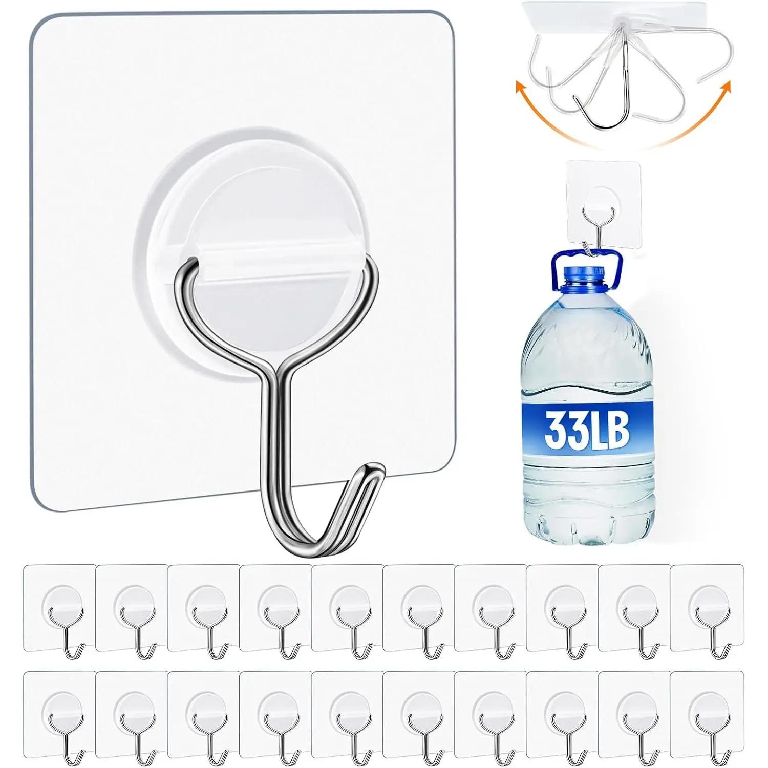 24 Pack Clear Adhesive Wall Hooks for  Heavy-Duty 33Lb No  |  & Rustproof, Transparent, No-Drill, 33lbs Max Load, Stick Hooks for Bathroom, Kitchen, Towel, Outdoor, Office