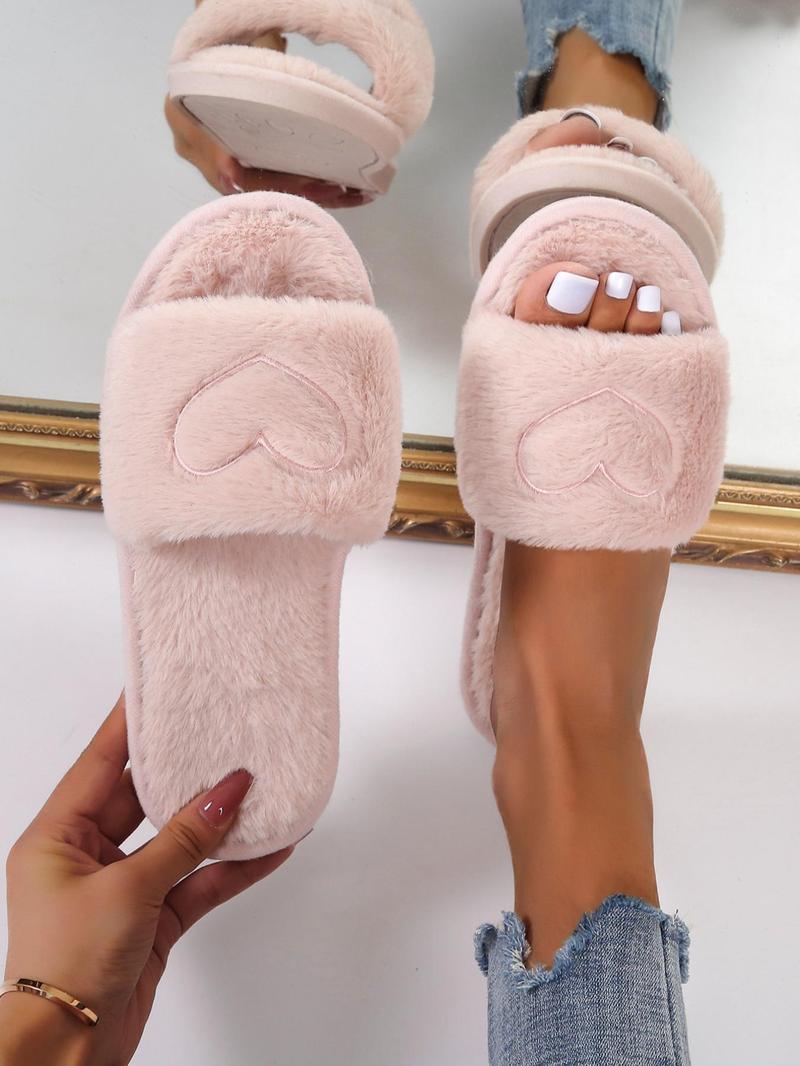 Women's Heart Embroidered Fuzzy Flat Slipper, Soft Plush Lining Bedroom Slippers, Wide Band Cute Warm Slippers for Fall Winter Khaki Footwear for Women Gift, Trending Shoes