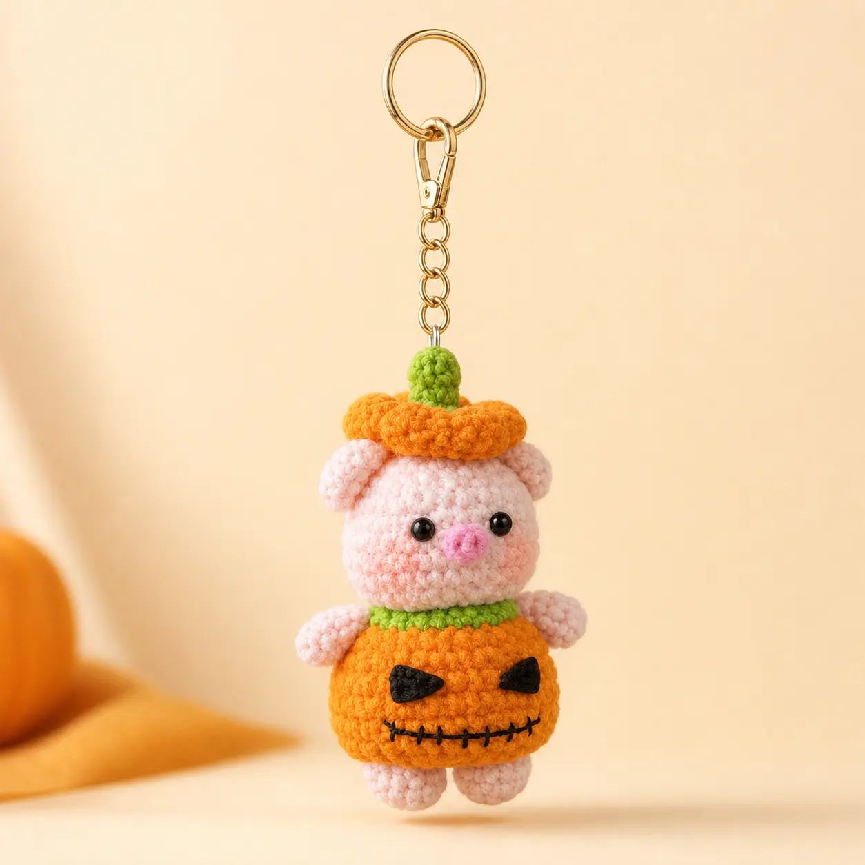 Kawaii Synthetic Fiber Pumpkin Face Crochet Keychain - Unisex Halloween Plush Charm, Fashion Accessory for Backpacks & Purses, Gift Option