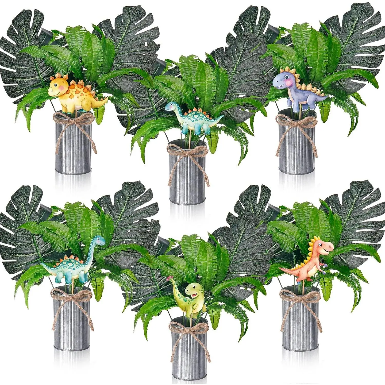 Suncalla 6-Set Dinosaur Party Table Centerpiece Decorations - Cardboard-Bamboo Cylinder Metal Sticks with Silk Flowers, Artificial Leaves, Jungle Animal Toppers for Baby Shower, Birthday Gifts