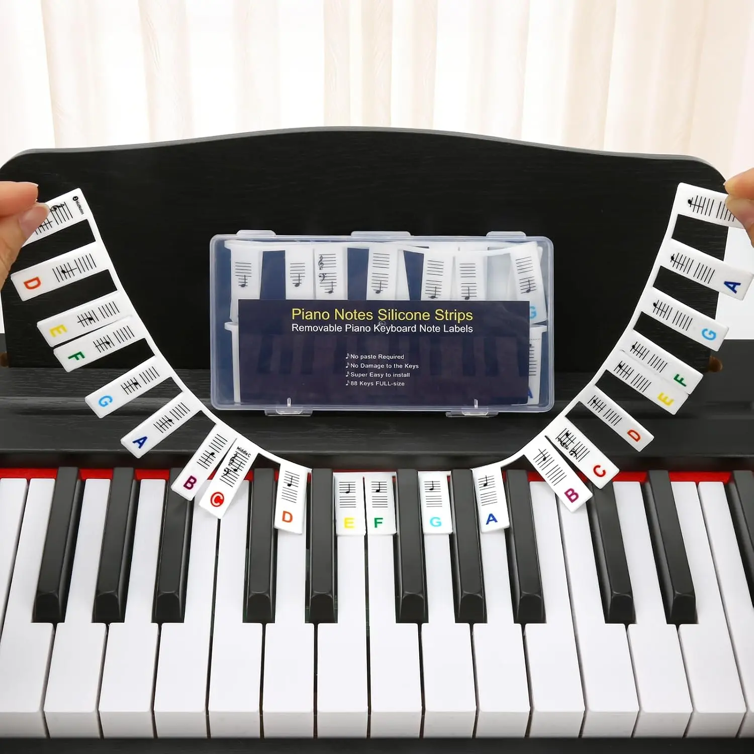 Piano Keyboard Note Labels for Beginners, Removable &  Piano Keyboard Stickers for Learning, 88 Key Full Size Piano Notes Guide with Storage Box (Rainbow Colors)