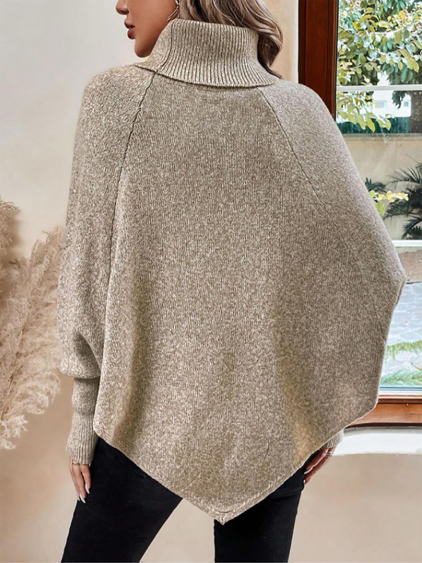 Women's Plain Fake Buttons Batwing Sleeve Loose Medium Sweater, Casual Long Sleeve High Neck Jumper for Fall & Winter, Fashion Chic Ladies' Knitwear for Daily Wear 1 Piece